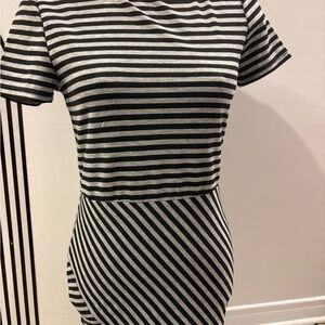 Suzy Shier Black and Gray Striped Midi Dress